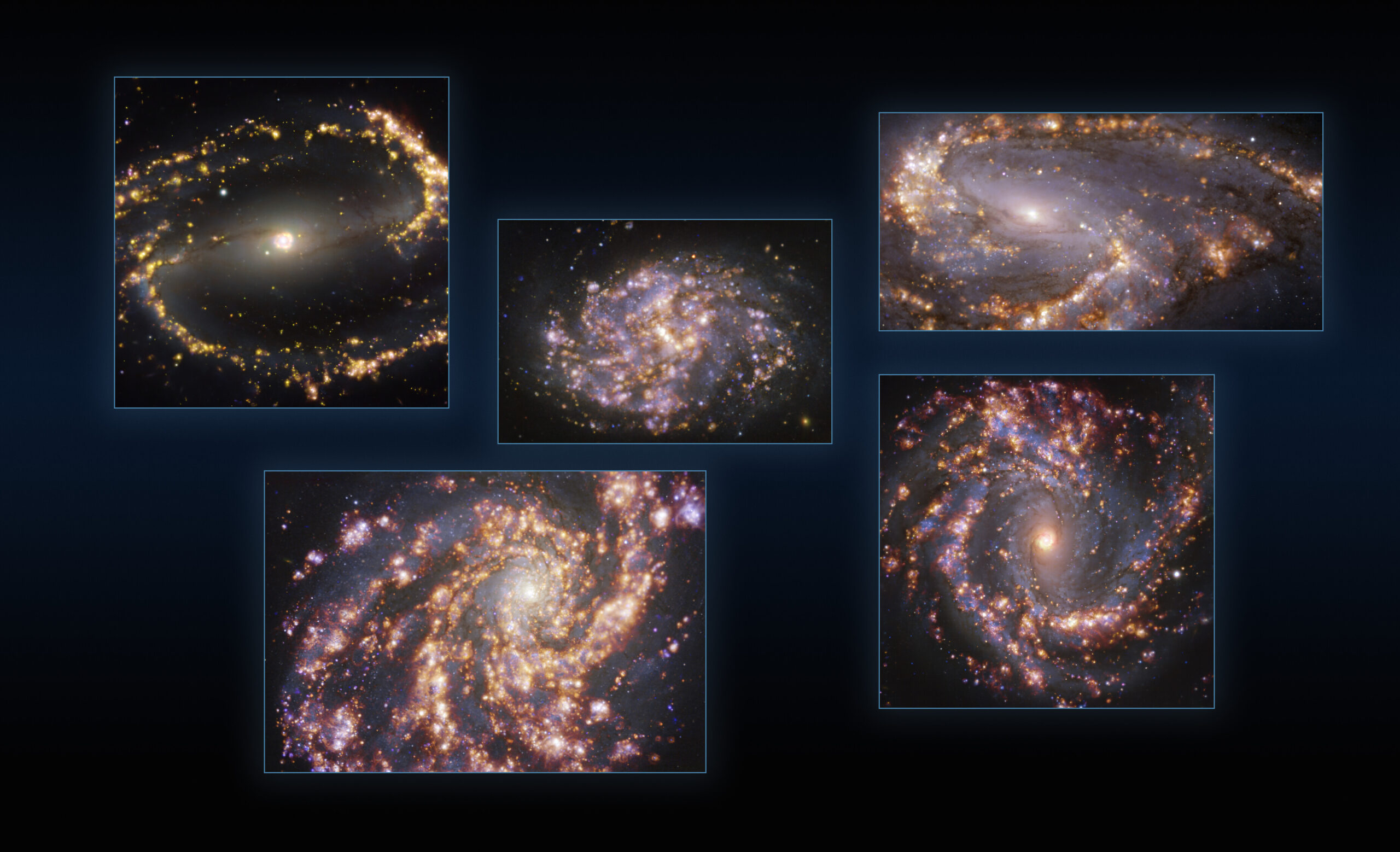NGC 1300, NGC 1087, NGC 3627, NGC 4254 e NGC 4303. VLT, MUSE, ALMA, ESO
